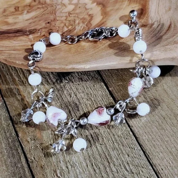 Vintage Murano Glass Beads White Silver Charm Bracelet Style H - Picture 5 of 5